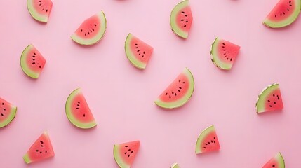 Watermelon slices arrangement on soft pink background creating vibrant and fresh summer food pattern