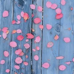 Pink Autumn Leaves Scattered on Rustic Wooden Planks Background