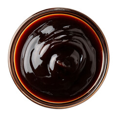 Dark Brown Sweet Sauce in Glass Bowl top view on transparent background
