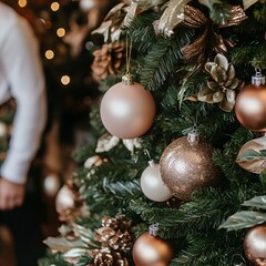 Elegant Rose Gold Christmas Tree Ornaments Closeup