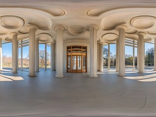 Classical Colonnade Architecture 360 View Sunlit Park Entrance