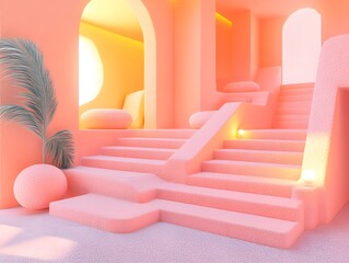 Pink Abstract Architecture Steps Minimalist 3D Render