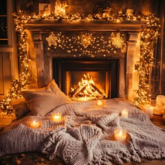Cozy Christmas Fireplace Scene with Warm Lights and Blanket