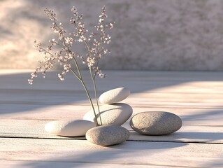 Serene Spa Still Life, Stacked Stones and Delicate Flowers