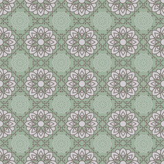 A soft geometric floral pattern in mint green and light gray. The calm color palette and symmetrical details create a serene, modern look ideal for textiles, wallpapers, and interior design projects.