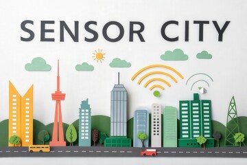 Flatlay infographic of a smart urban city skyline with glowing wifi