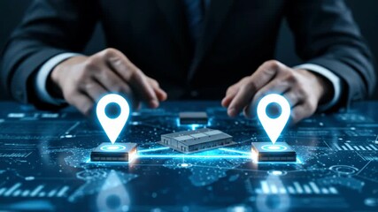 Man placing glowing energy source elements with location pins on a digital map, showing smart energy grid logistics footage. - Powered by Adobe