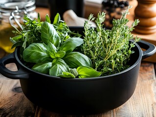 Fresh Basil Thyme Herbs in Black Pot Cooking Food