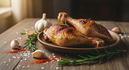 Roasted chicken drumsticks on a rustic plate