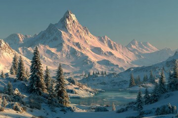 Frozen wilderness: dawn's gentle brush over a snowy landscape. Elegant presentation. Soft dawn light on snow-dusted fir trees over a frozen lake. Sophisticated pose. High-class shoot.