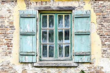 Rustic Weathered Green Window with Shutters on Brick Wall