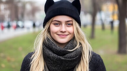 Smiling Blonde Woman Winter Fashion Cat Ear Beanie