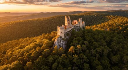 Ruined castle atop a sunlit forest hill
