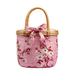 Decorative pink floral woven basket for gift on transparent background