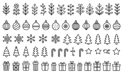 Fototapeta premium Hand drawn set of Christmas doodle elements including snowflakes, gift boxes, and festive branches
