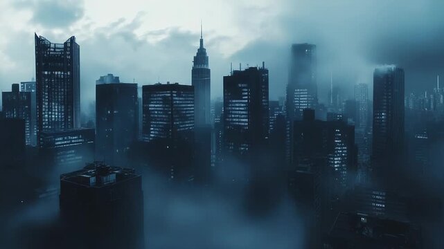 Urban cityscape covered in dense fog at night - Powered by Adobe