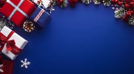 Festive Christmas gifts with decorations on a vibrant blue background, holiday concept