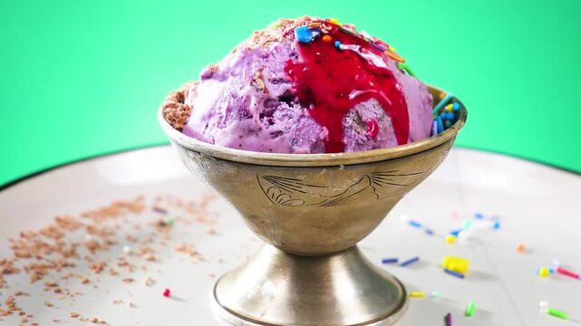 Scoops of chocolate ice cream are drizzled with chocolate fudge and slowly rotate against a vibrant colored background.