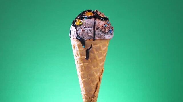 Balls of chocolate ice cream in a waffle cone, drizzled with syrup and slowly rotating against a brightly colored background.