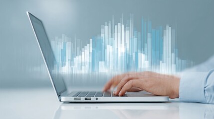 A laptop is open to a screen with a city skyline and a person typing