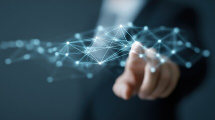 A person is pointing at a blue and white network of lines