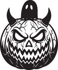 : Demonic Cracked Jack-o'-lantern with Horns and Ghost Vector Illustration.