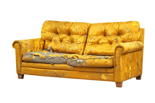 Old dilapidated yellow sofa with torn upholstery isolated.