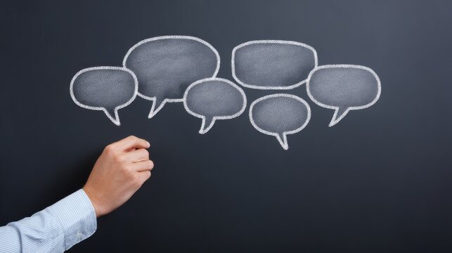 A hand is drawing a chalkboard with a series of speech bubbles