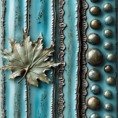 Autumnal Teal Metal Texture with Maple Leaf and Ornate Detail