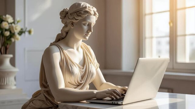 A classical marble statue of an ancient Greek woman sitting at a desk and diligently typing on a modern laptop.