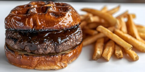 Juicy Grilled Burger with Waffle Bun and Crispy French Fries