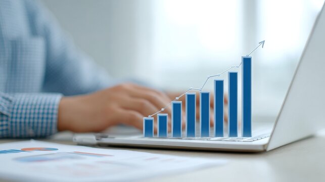 A person is typing on a laptop with a graph of a rising line