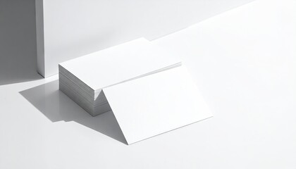 Stacked white rectangular business cards lie on a reflective surface, illuminated by soft light and casting shadows.