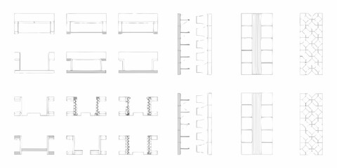 Architectural sketches and design elements including furniture wall panels and decorative patterns