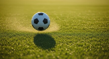 Soccer ball in mid-air over a grassy field