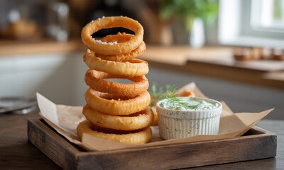 Stacked onion rings on a tray with dipping sauce
