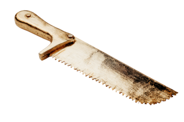 Old rusty surgical bone saw with a weathered handle and blade.