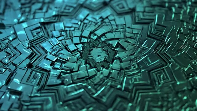 A mesmerizing abstract background featuring an intricate, tessellated pattern of shimmering, dark emerald green geometric elements. These reflective, square-like blocks appear to shift and radiate fro