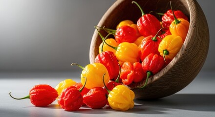 Spicy peppers spill from wooden bowl