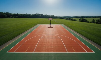 Outdoor basketball court in a grassy field under a bright sunny sky.  Aerial view