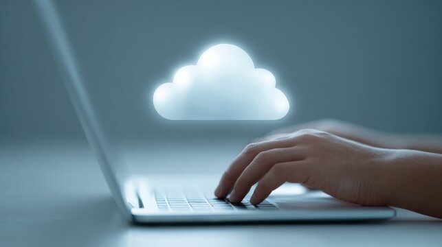 A person is typing on a laptop with a cloud icon on the screen