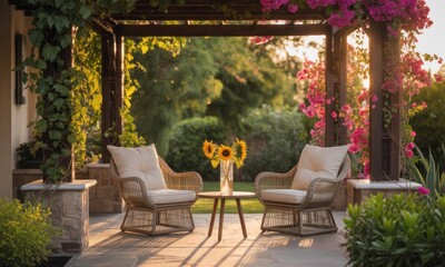 Outdoor patio seating under pergola at sunset
