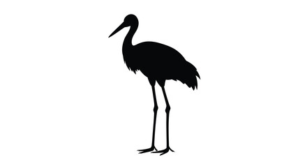 Silhouette of a majestic crane standing tall with delicate legs gracefully isolated on a pure white canvas silhouette