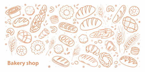 Whimsical hand drawn bakery assortment featuring breads pastries cookies and wheat stalks