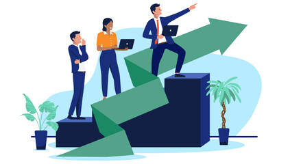 Business team stands on a rising green arrow pointing forward, with a leader pointing into the distance, symbolising growth and future direction in a flat design vector illustration