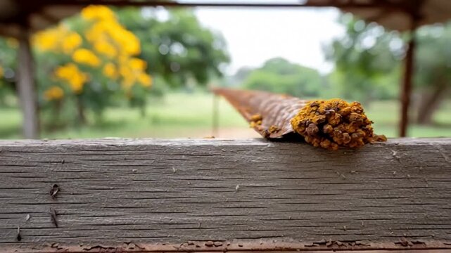 rusty nail with corroded surface, countryside background with blurred greenery, summer day highlighting nature's textures and colors