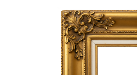 Ornate golden picture frame corner isolated on black background