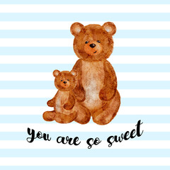 Two brown watercolor teddy bears sit against blue striped background.