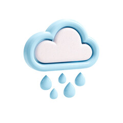 A light blue 3D cloud with off-white fluffy interior, releasing several light blue raindrops