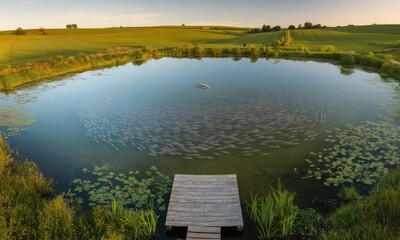 Panoramic view of a tranquil pond with a wooden dock, surrounded by green fields and vegetation